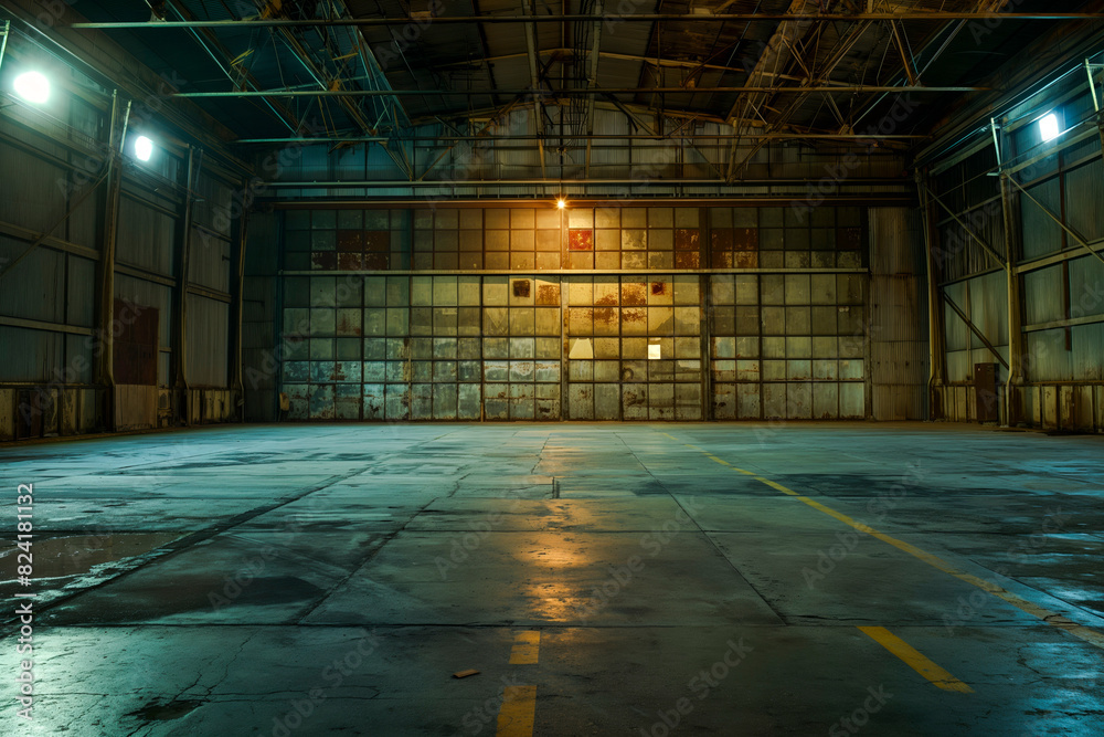 Empty hangar at night with lights on Empty hangar at night with lights on