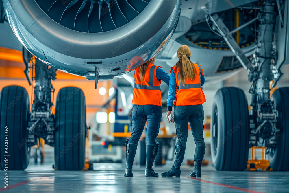 Female aircraft engineers inspecting landing gear on a large jet.