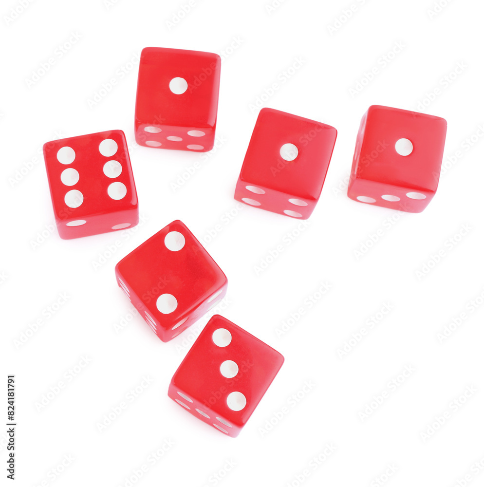 Many red game dices isolated on white, top view Many red game dices isolated on white, top view