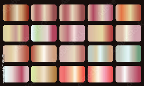pink gradients metallic gradients set, Realistic pink gold gradient texture pack. Shiny golden rose metal foil gradient set. Gold rose foil texture set isolated on black background. Vector golden shin