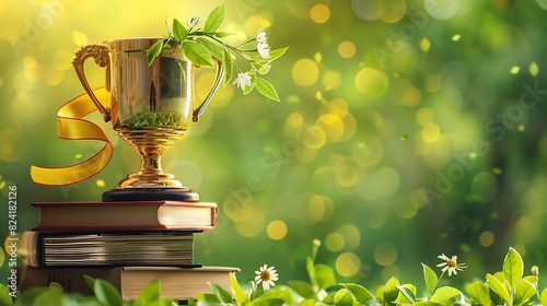 A gold trophy sits atop a stack of two books, with a gold ribbon tied around one of the books. The background is a blurred green and yellow.