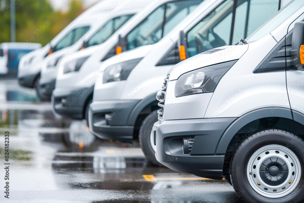 Generic row of white new vans in a parking bay ready for purchase