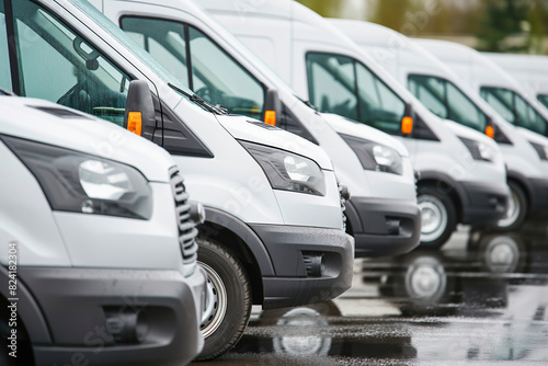 Generic row of white new vans in a parking bay ready for purchase