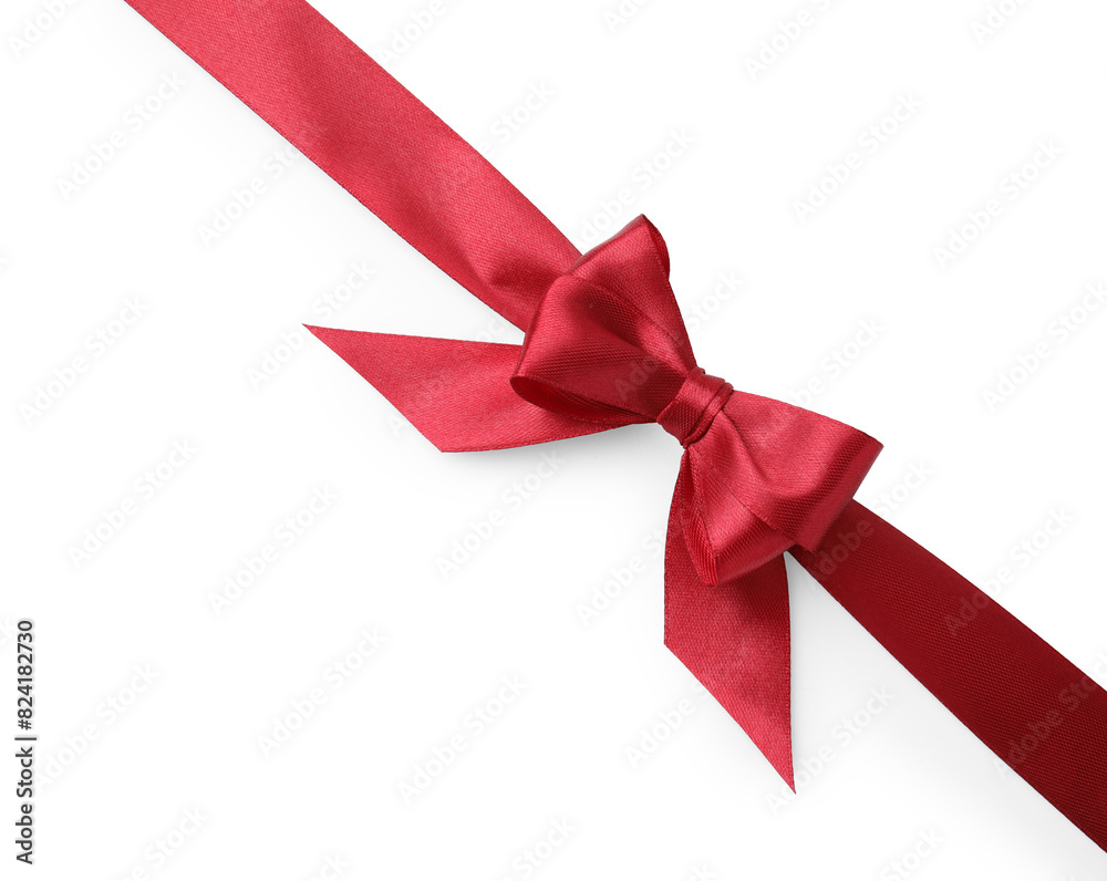 Red satin ribbon with bow on white background, top view Red satin ribbon with bow on white background, top view