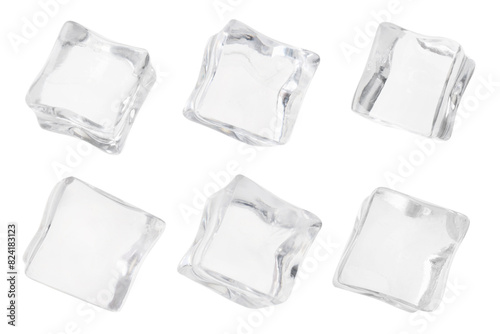 Crystal clear ice cubes isolated on white, set