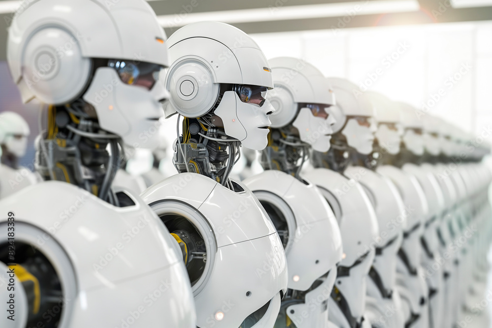 Warehouse full of humanoid service robots at a factory.