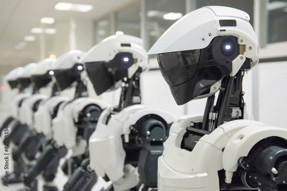 Warehouse full of humanoid service robots at a factory. Warehouse full of humanoid service robots at a factory.