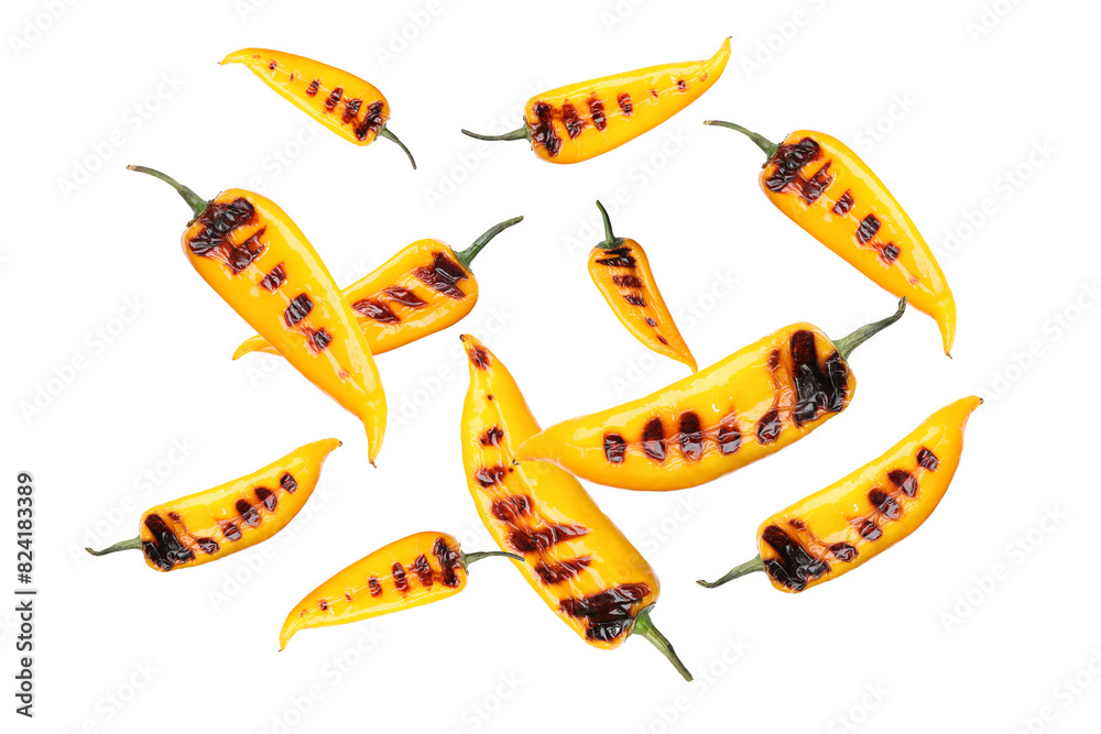 Grilled peppers in air on white background Grilled peppers in air on white background