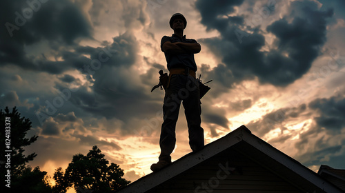 a silhouette of a roofer standing confidently atop of the shingled roof of a house, arms crossed - dramatic storm clouds are in the background, sunset or sunrise construction work