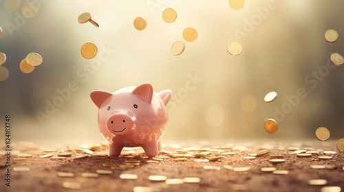 Piggy bank. Piggy bank with flying golden coins on a background with copy space. concept of preserving and saving money. Gold coins.
