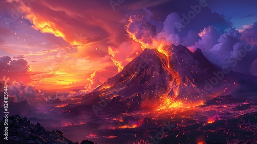 an erupting mountain spewing fiery ash into the sky