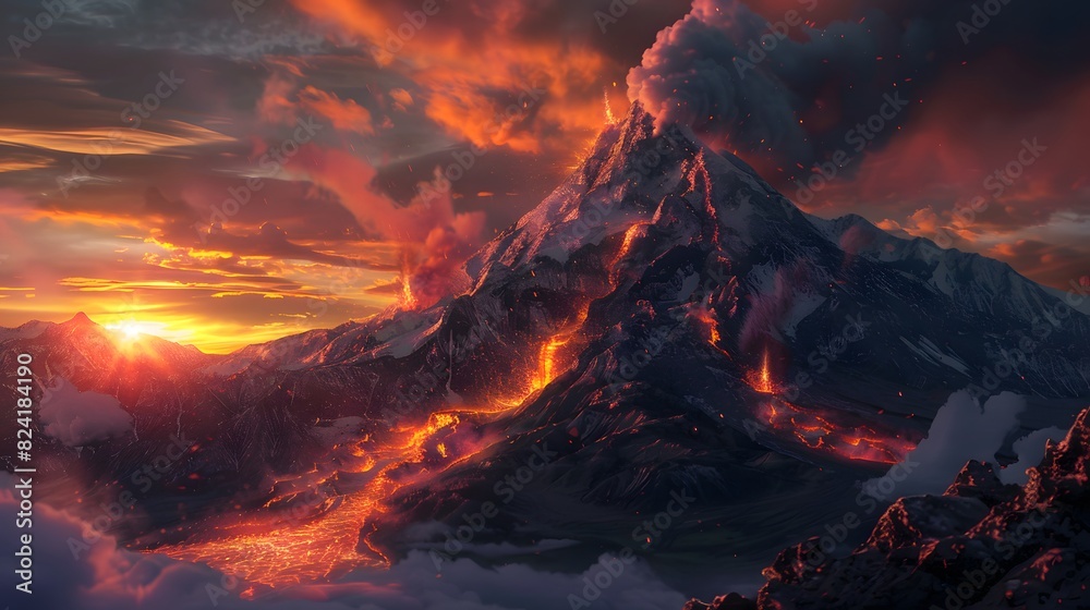 an erupting mountain spewing fiery ash into the sky an erupting mountain spewing fiery ash into the sky