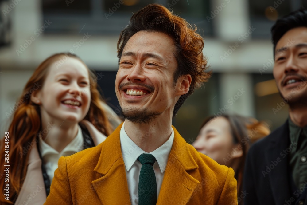 Portrait of a smiling Asian man in a yellow coat on the street Portrait of a smiling Asian man in a yellow coat on the street