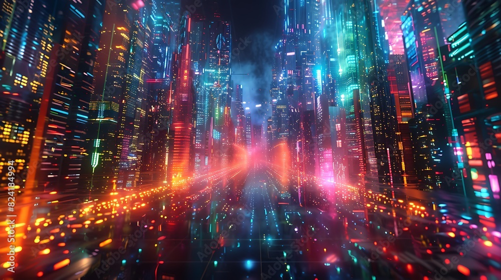 A digital representation of a neon-lit city at night. The city is filled with colorful lights, and there's a sense of movement and energy. The concept of technology
