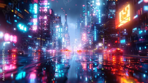 A digital representation of a neon-lit city at night. The city is filled with colorful lights, and there's a sense of movement and energy.  © MIX STOCK IMAGE