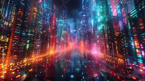 A digital representation of a neon-lit city at night. The city is filled with colorful lights  and there s a sense of movement and energy. The concept of technology 