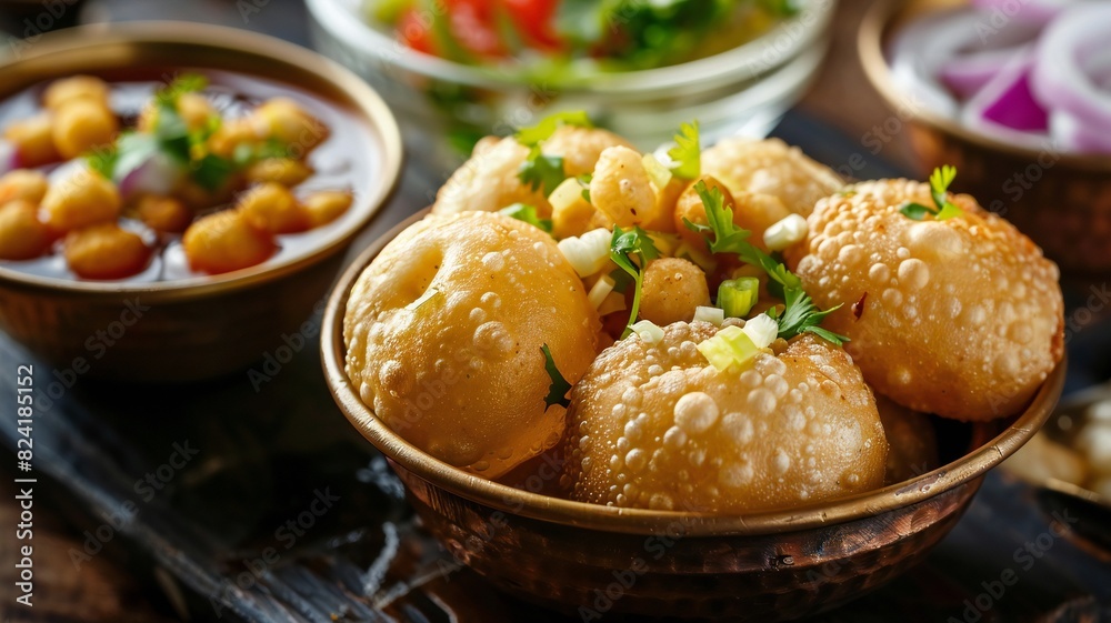 Delicious Indian Street Food Pani Puri in Rustic Bowls Delicious Indian Street Food Pani Puri in Rustic Bowls