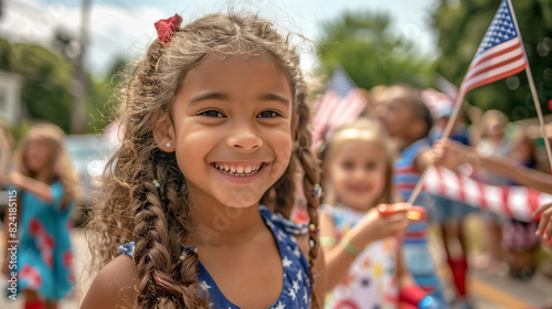 Cute African American Girl Celebrating The American Holiday with Friends and Family at the Parade. Generatvie AI.