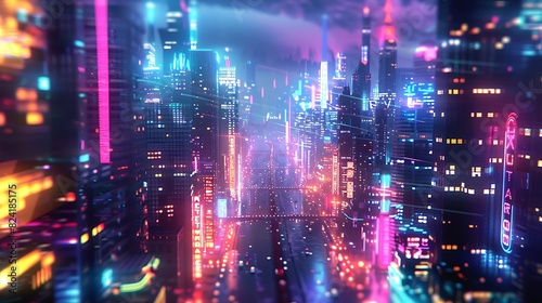 A digital representation of a neon-lit city at night. The city is filled with colorful lights, and there's a sense of movement and energy. 