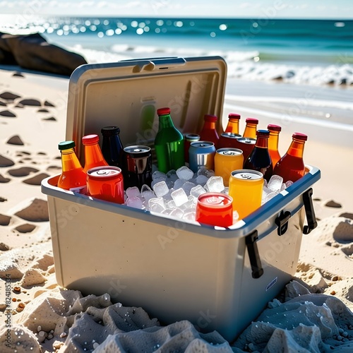 Draw a drink in an icebox full of ice by the beach photo