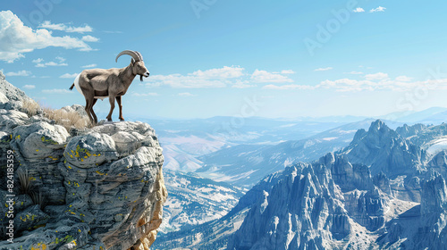 A mountain goat stands on the edge of a cliff  overlooking a majestic mountain range under a clear blue sky  epitomizing natural beauty and rugged wilderness.