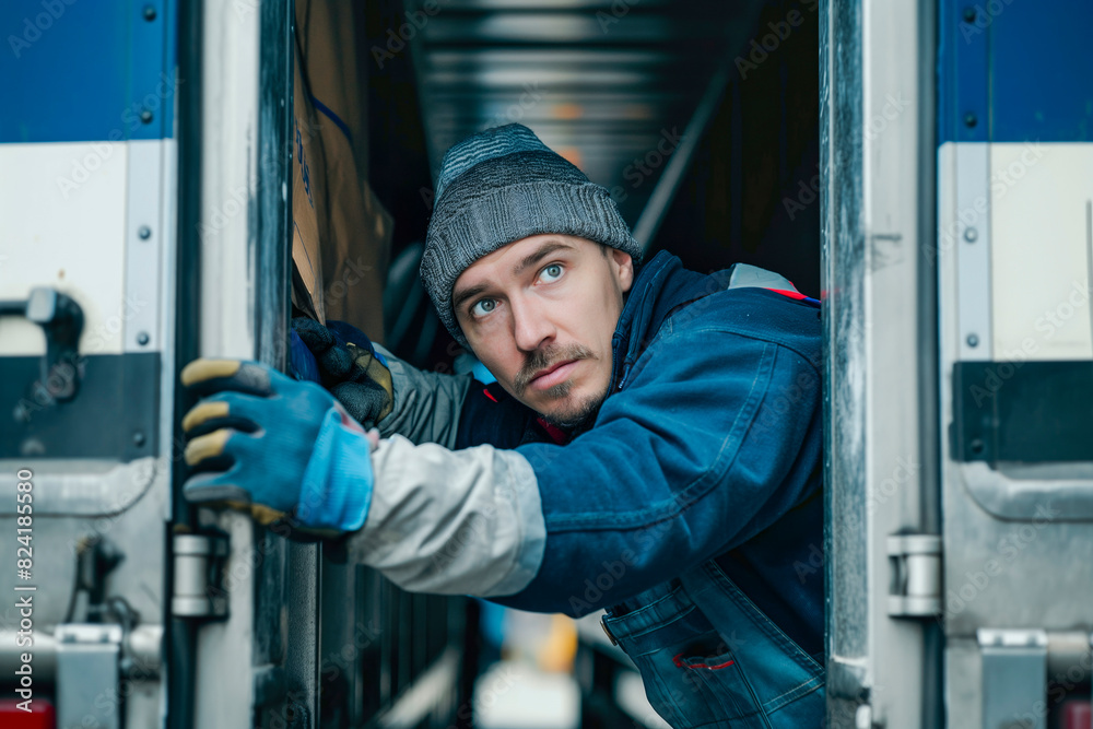 Mid adult male with protective gloves is climbing into the rear end of the trailer Mid adult male with protective gloves is climbing into the rear end of the trailer