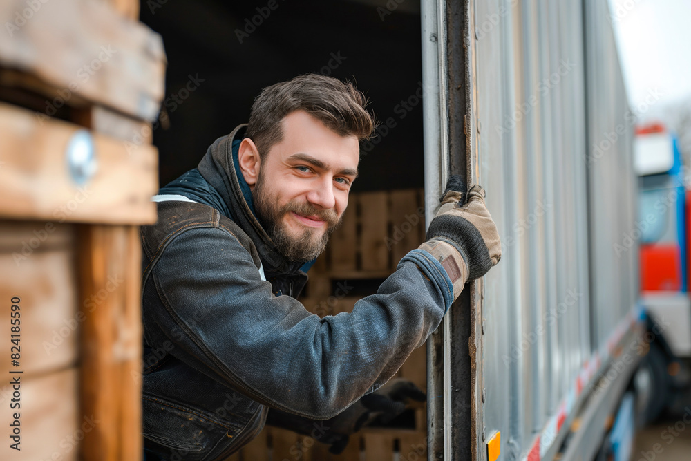Mid adult male with protective gloves is climbing into the rear end of the trailer Mid adult male with protective gloves is climbing into the rear end of the trailer