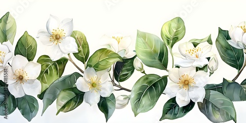 Fototapeta Naklejka Na Ścianę i Meble -  Watercolor clipart featuring a jasmine flowers and leaves frame for wedding stationery. Concept Watercolor Clipart, Jasmine Flowers, Leaves Frame, Wedding Stationery