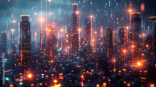 A digital cityscape with glowing lights and a dark background.