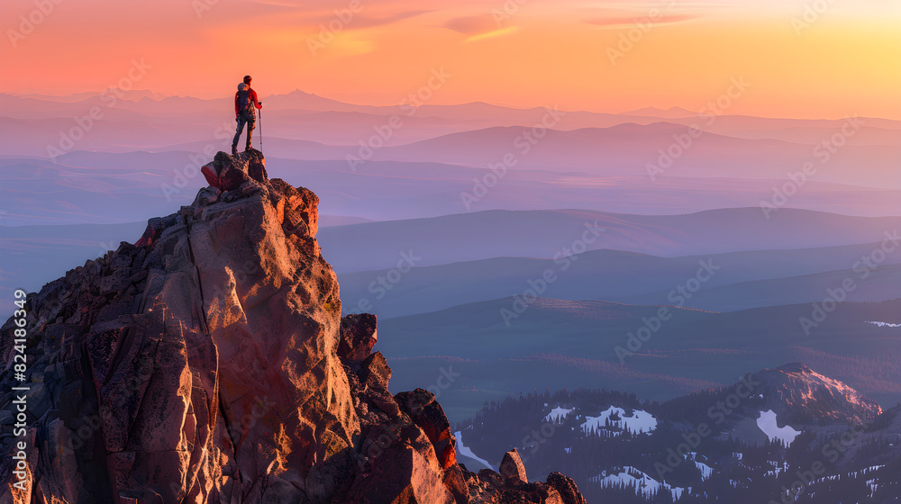 Triumphant Hiker Gazes at Sunrise from Mountain Summit, Symbolizing Ambition and Achievement