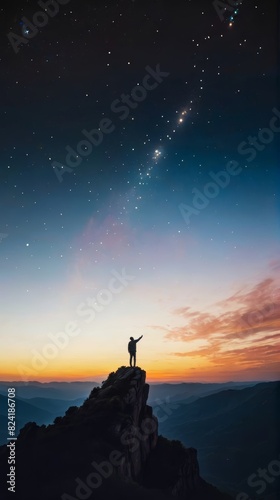 Man Reaching for the Stars on a Mountain Peak at Twilight