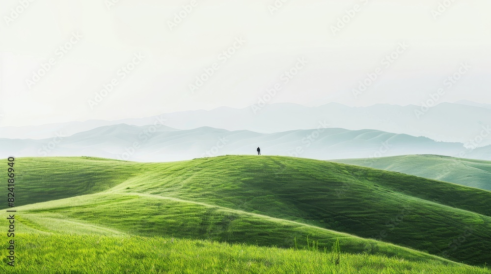 Panoramic shot of rolling green hills. Abstract green landscape wallpaper background illustration design with hills and mountains.