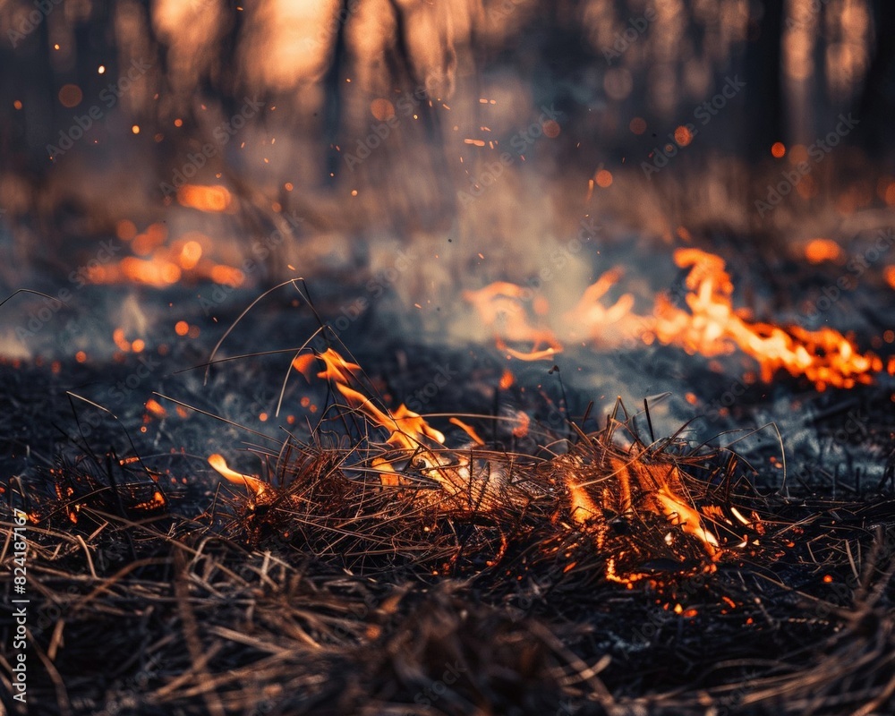 Burning dry grass in the forest. The beginning of a forest fire. Arson of dry grass. The theme of forest fires.Tongues flame and burning dry yellowed grass in smoke. Burning dry grass in the forest. The beginning of a forest fire. Arson of dry grass. The theme of forest fires.Tongues flame and burning dry yellowed grass in smoke.