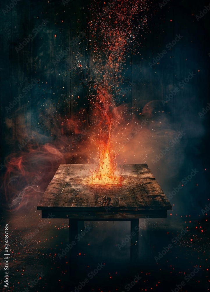 An empty wooden table with a fire burning in the background. flames, tongues of fire, Sparks and smoke. An empty wooden table for product demonstrations. An empty wooden table with a fire burning in the background. flames, tongues of fire, Sparks and smoke. An empty wooden table for product demonstrations.