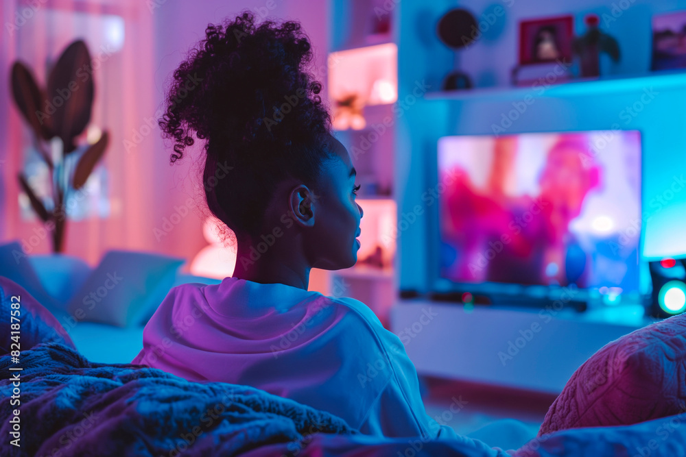 African american woman watching TV at home African american woman watching TV at home