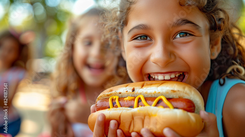 Cute Girls Celebrating with Friends and Family Outdoors with Hot Dogs. Generatvie AI.
