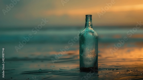 solitary glass bottle on sandy shore at sunset - serene beachscape