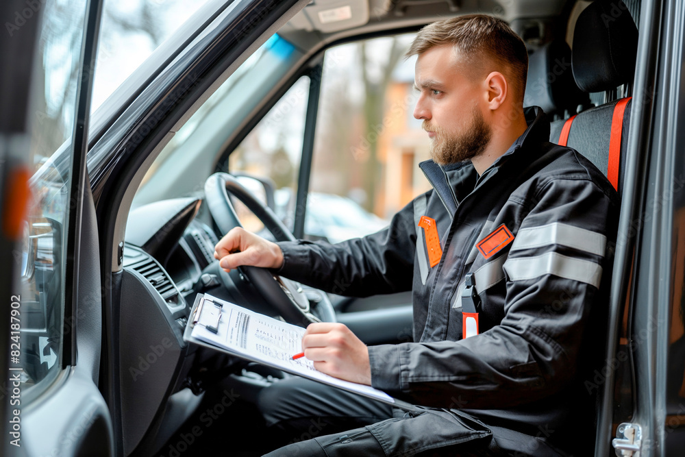 Portrait of a male delivery driver at work. Sitting in his van and looking at a clipboard with documents