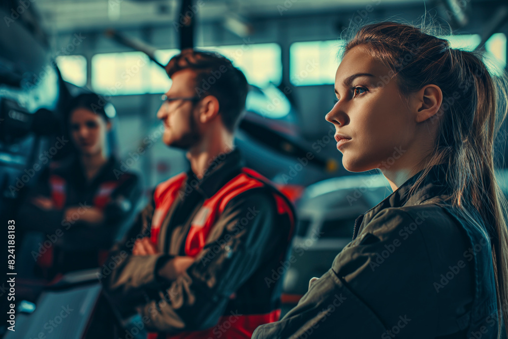 Portrait of aircraft engineers with view of aircraft in aircraft maintenance factory Portrait of aircraft engineers with view of aircraft in aircraft maintenance factory