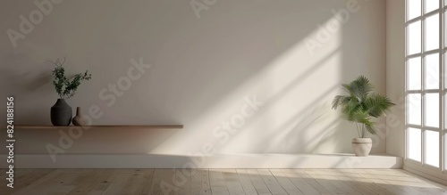 A white room with a large window and a potted plant