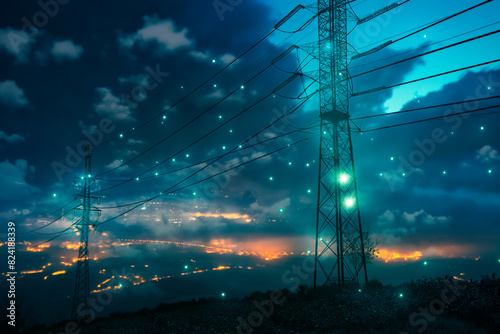 Power Transmission Lines with 3D Digital Visualization of Electricity. Scenic Footage with Night Sky Full of Bright Stars. photo
