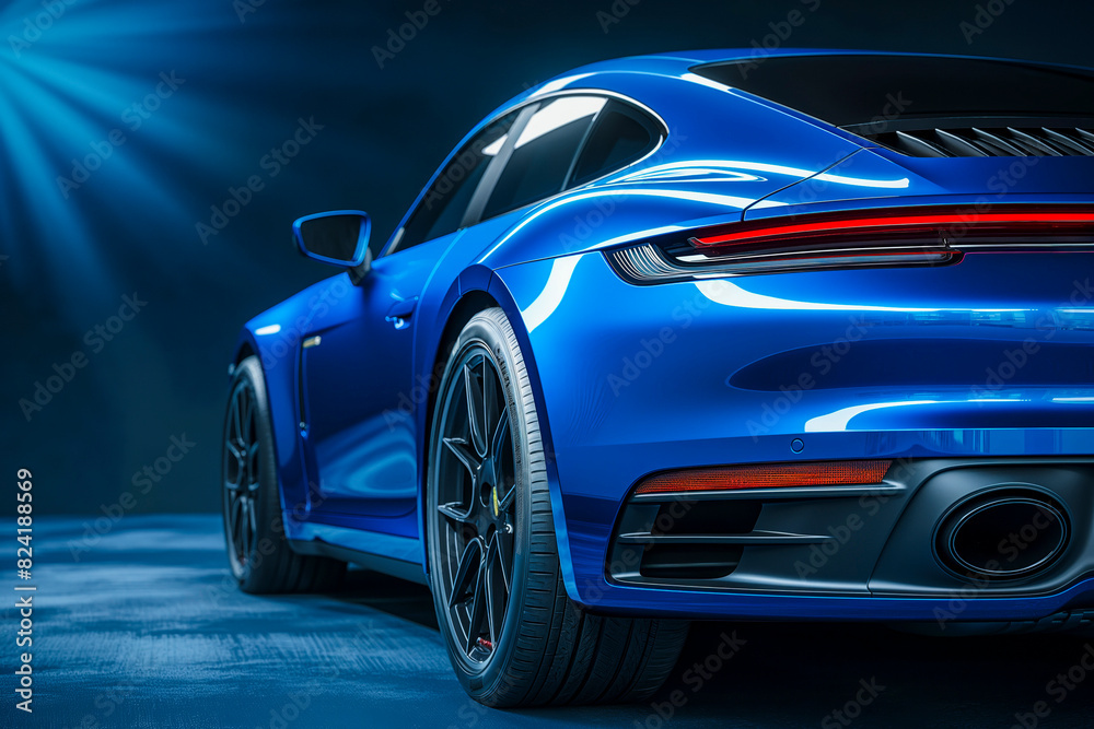 Rear view of modern blue premium car in studio light