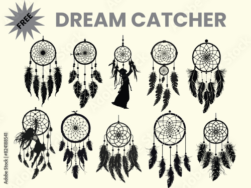 A black silhouette of a dream catcher set, clipart, featuring a moon catcher and feathers. This dream catcher bundle is isolated on a white background.