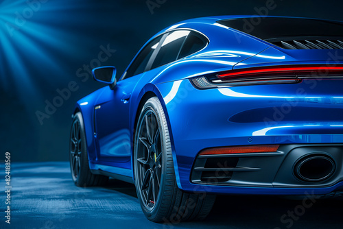 Fotografie Rear view of modern blue premium car in studio light