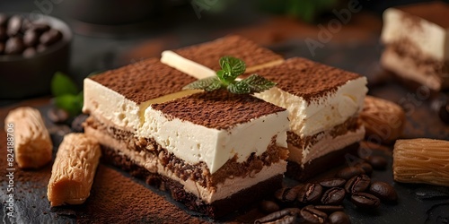 Classic Italian Tiramisu Recipe with Ladyfingers, Mascarpone, Coffee, and Cocoa. Concept Desserts, Italian Cuisine, Tiramisu Recipe, Ladyfingers, Mascarpone photo