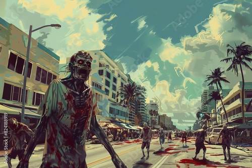 horde of terrifying zombies invading the iconic streets of miami beach digital painting photo