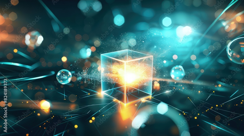A creative idea illustration showcasing a glowing cube surrounded by floating spheres and abstract light trails, symbolizing innovation. A creative idea illustration showcasing a glowing cube surrounded by floating spheres and abstract light trails, symbolizing innovation.