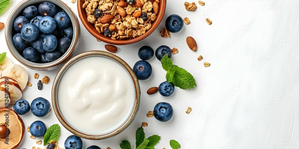 Top view of breakfast ingredients milk yogurt granola blueberries mint on white. Concept Food Photography, Breakfast Ingredients, Top View, Healthy Eating, Fresh Ingredients