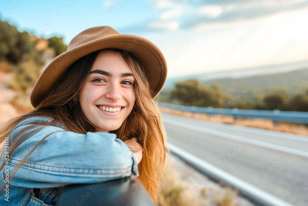 Smiling young woman day dreaming while leaning on convertible car during road trip. Freedom and travel concepts