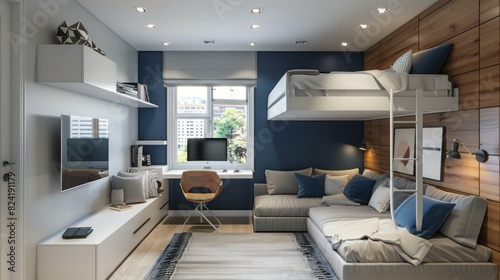 Teen bedroom with white and blue walls Bunk beds and a desk with a computer underneath.   Create the perfect combination of functionality and convenience for both study and relaxation.